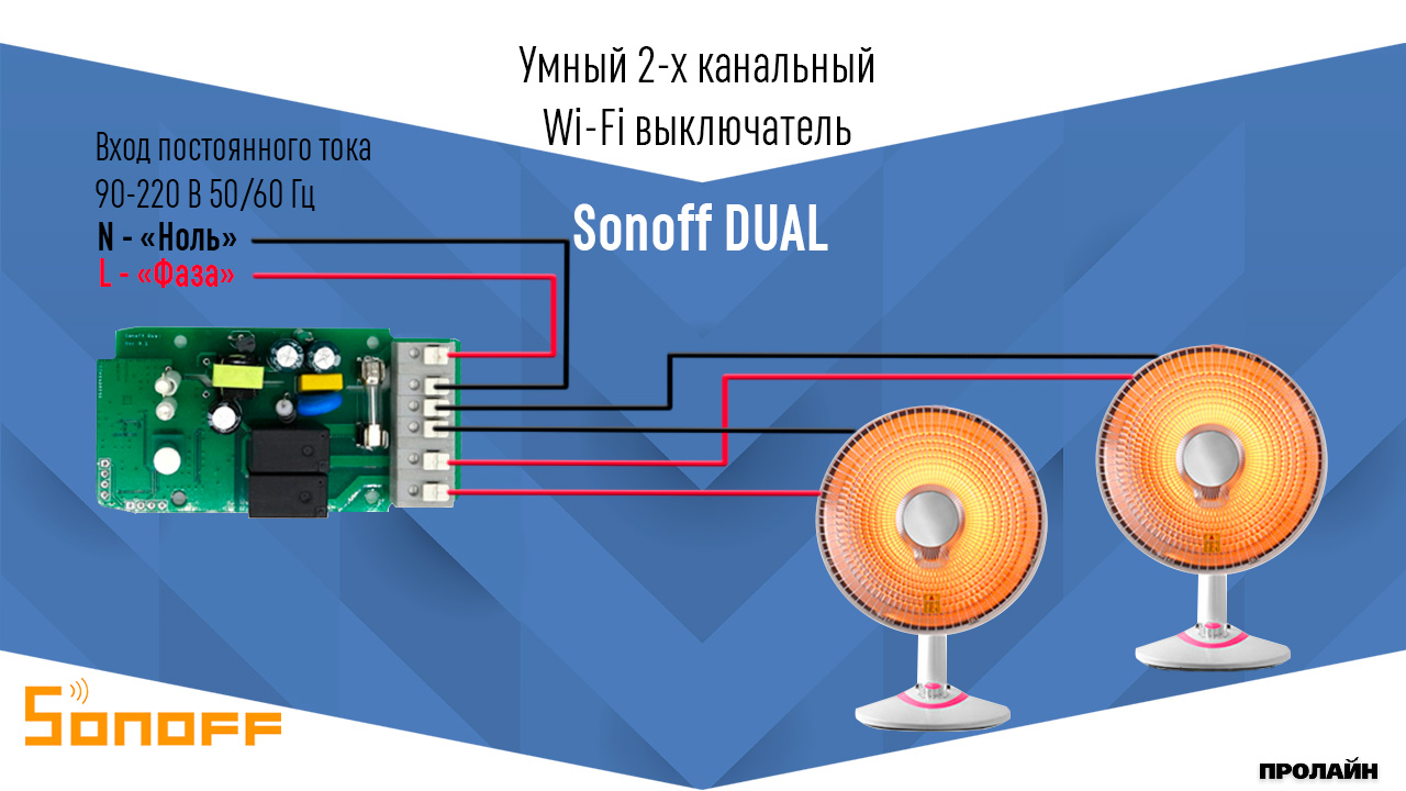 Умный 2-х канальный WiFi выключатель Sonoff DUAL
